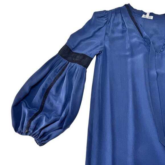 Joie Boho Silk Shift Mini Dress Sz.S Blue Lace Tie Neck Bell Sleeve Whimsigoth - Picture 13 of 14